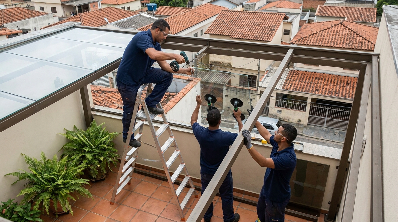 Cobertura de vidro em terraço com telhados em Itajaí-SC