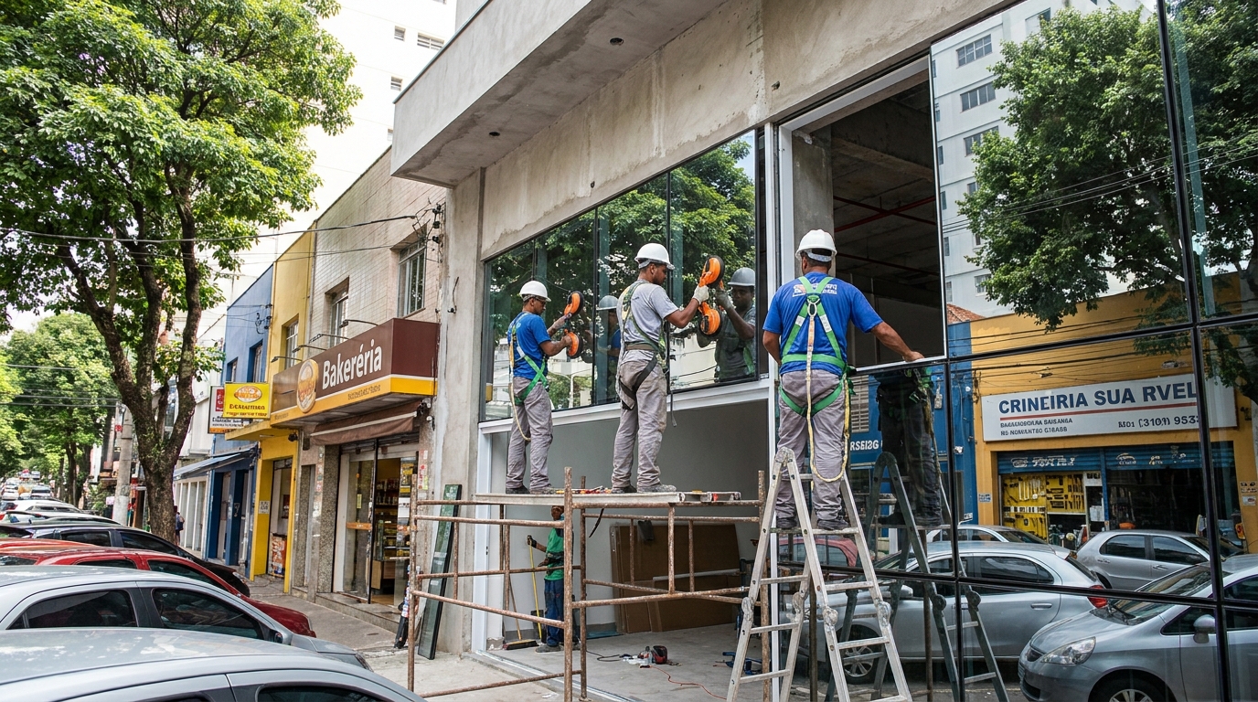 Fachada de vidro com confeitaria vizinha em Itajaí-SC