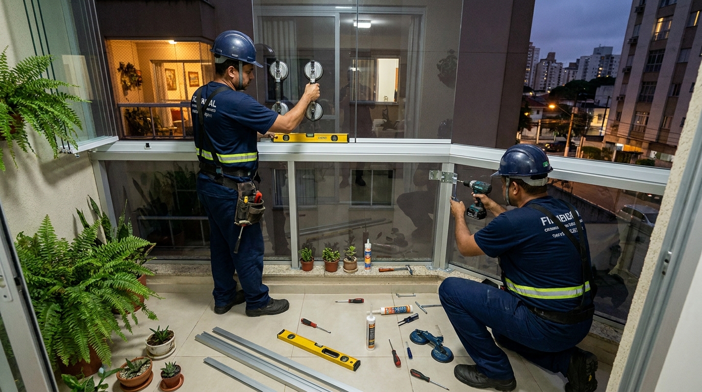 Instalação noturna de parede de vidro em Itajaí-SC