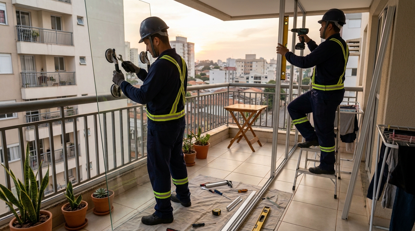Instalação de parede de vidro em sacada em Itajaí-SC