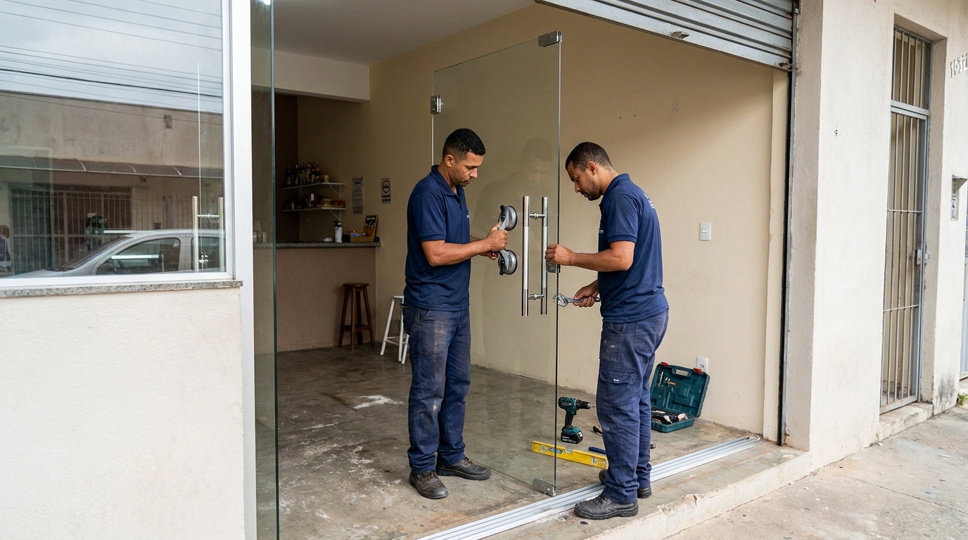Dupla instalando porta de vidro em loja em Itajaí-SC
