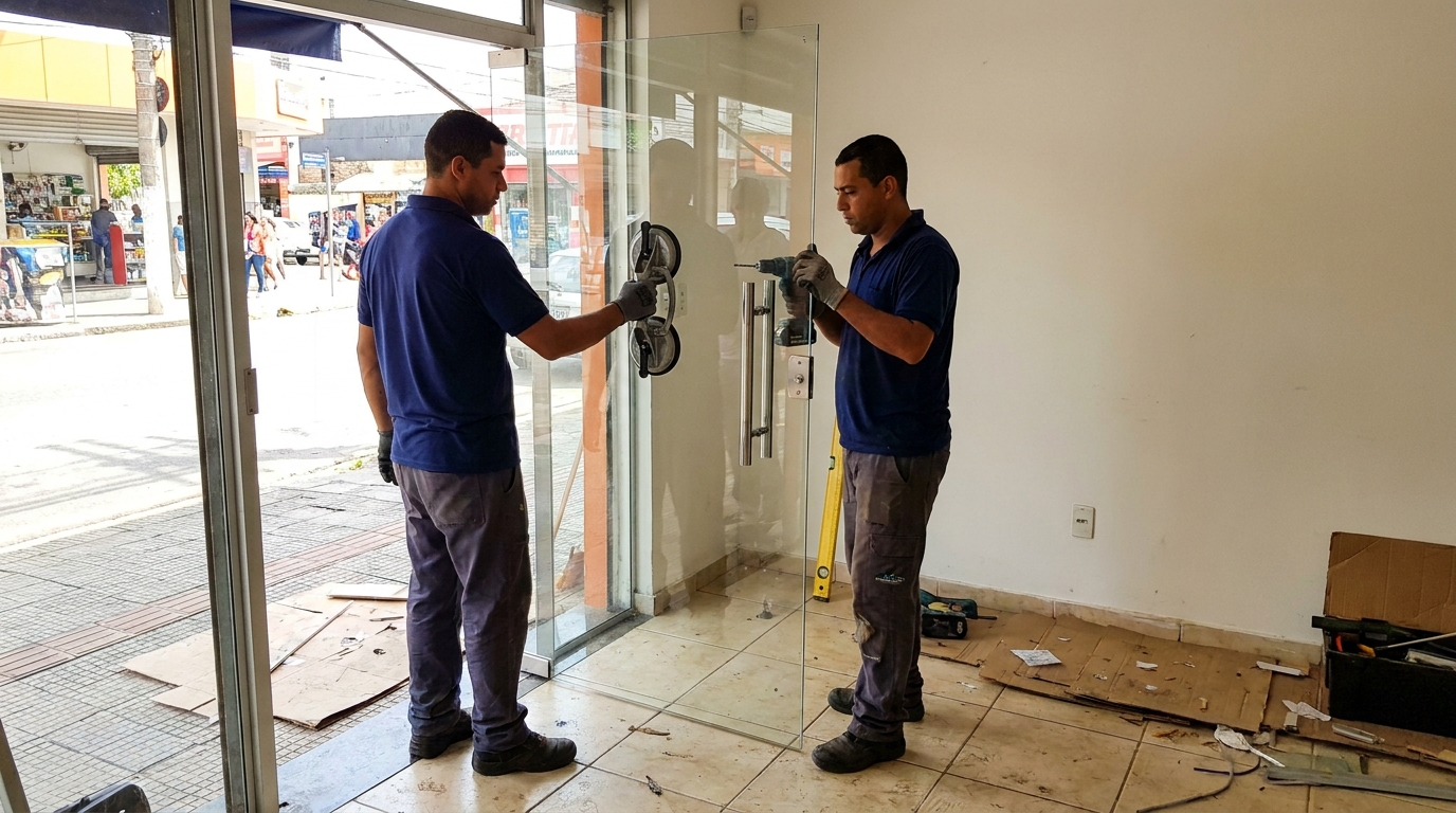 Porta de vidro de loja em rua movimentada em Itajaí-SC