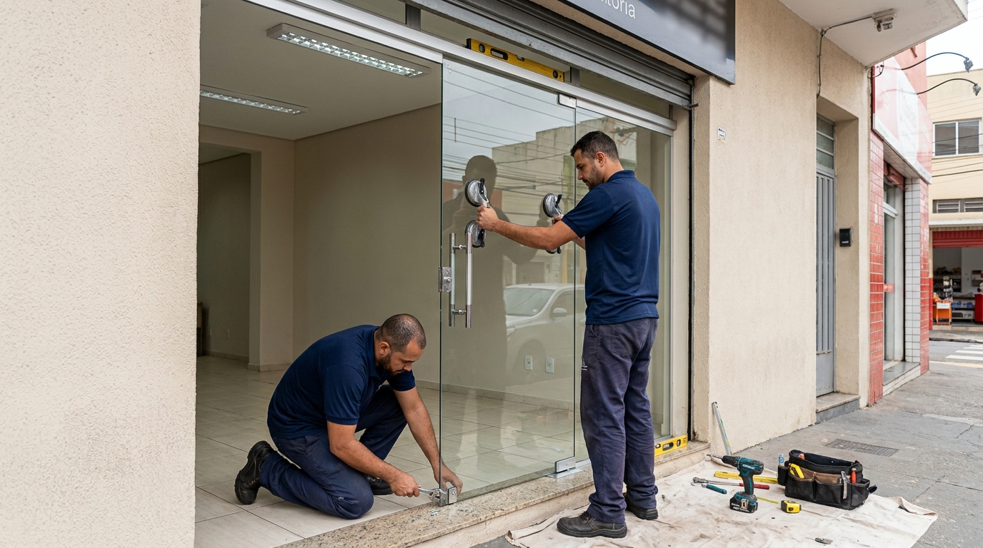 Porta de vidro com puxador inox em Itajaí-SC